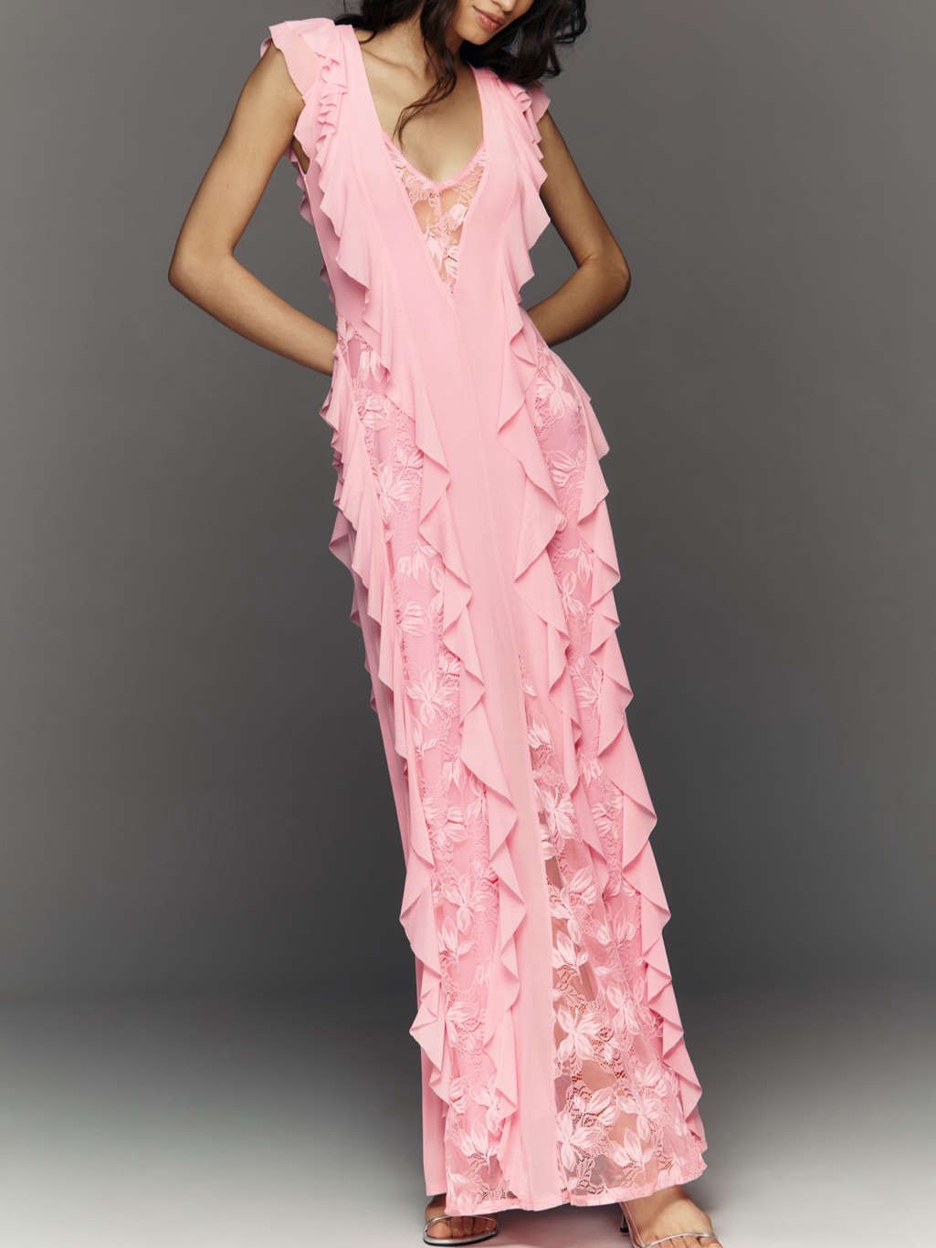 Afrm Trista Ruffle-Sleeve V-Neck Maxi Dress In Prism Pink Nwt